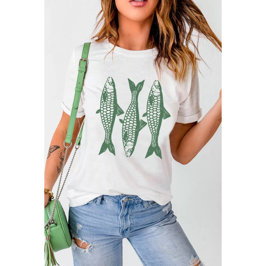 Full Size Unique Fish Graphic Casual Round Neck Tee Plus Size Apparel and Accessories