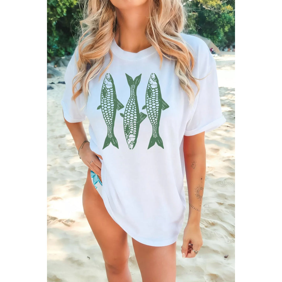 Full Size Unique Fish Graphic Casual Round Neck Tee Plus Size Apparel and Accessories