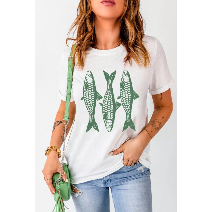 Full Size Unique Fish Graphic Casual Round Neck Tee Plus Size Apparel and Accessories