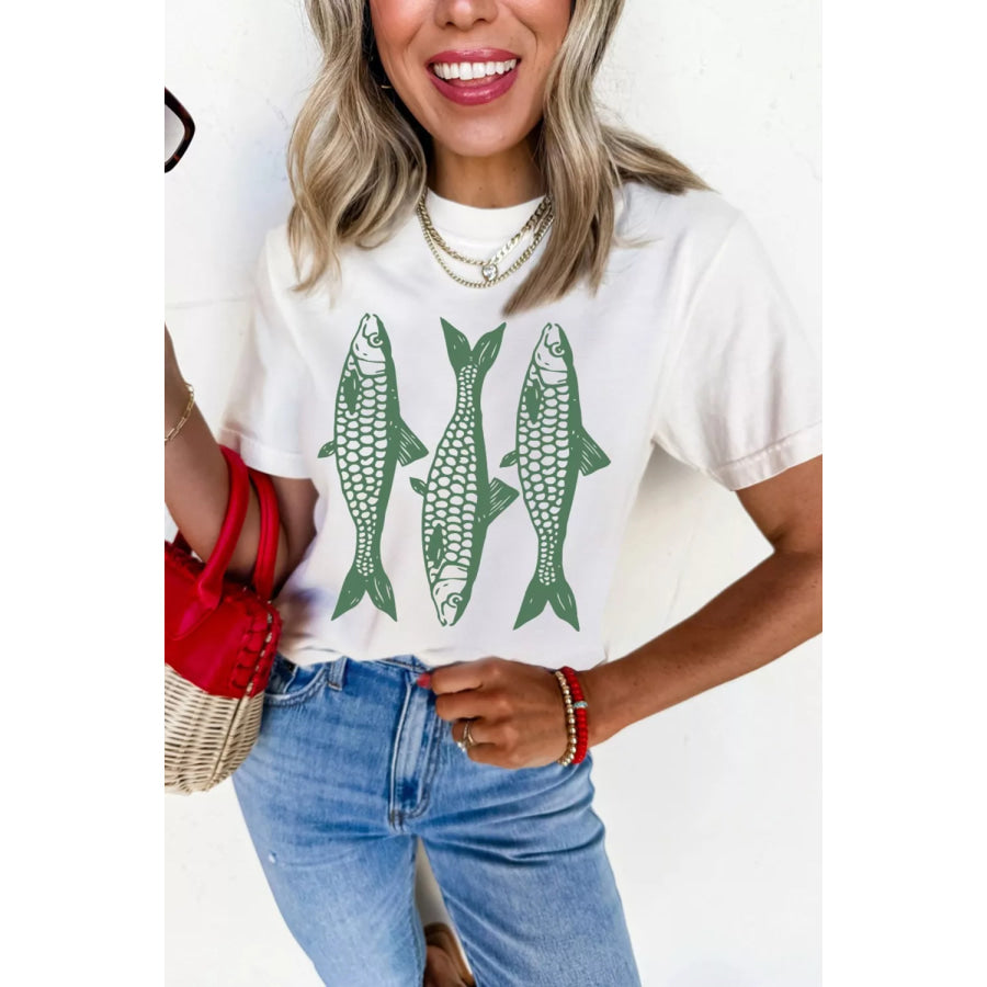 Full Size Unique Fish Graphic Casual Round Neck Tee Plus Size Apparel and Accessories