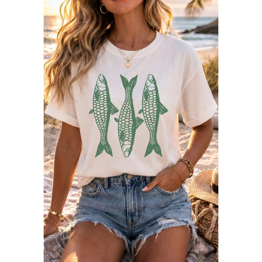 Full Size Unique Fish Graphic Casual Round Neck Tee Plus Size White / S Apparel and Accessories