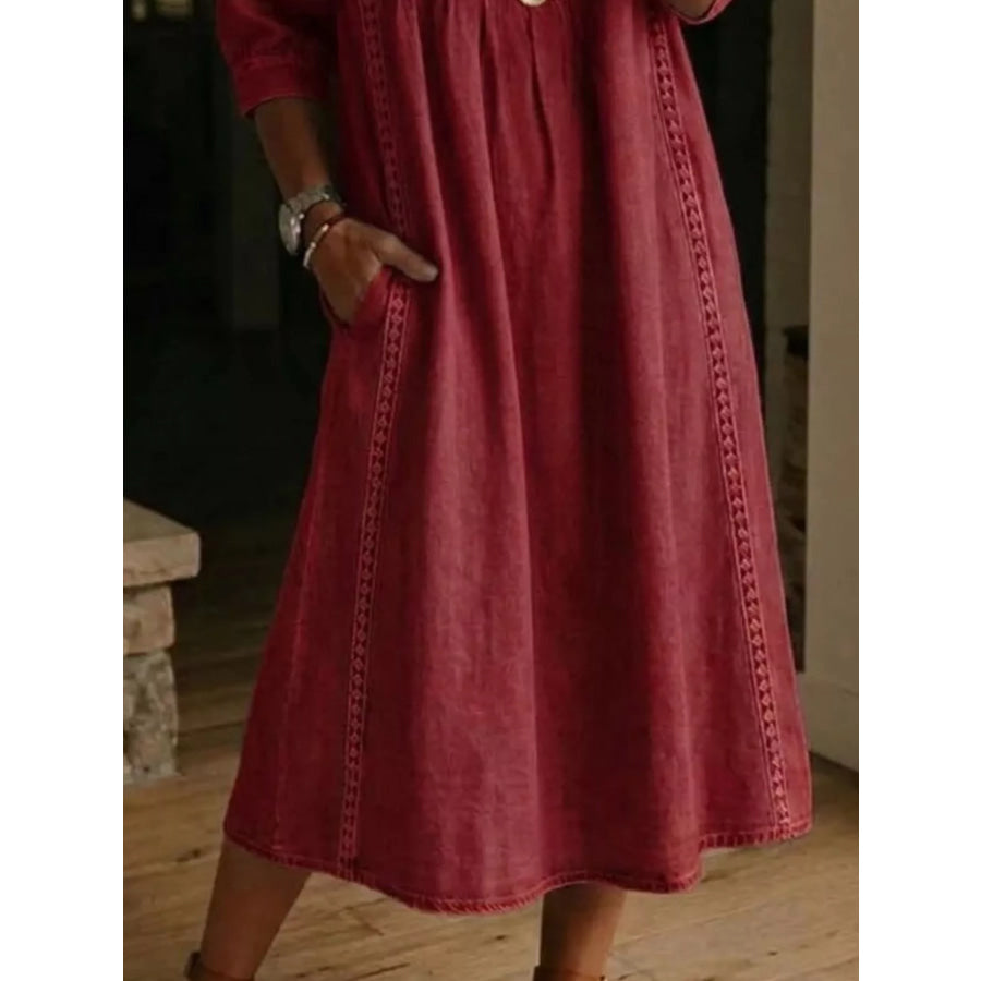 Full Size V-Neck 3/4 Sleeve Midi Dress Plus Size Apparel and Accessories
