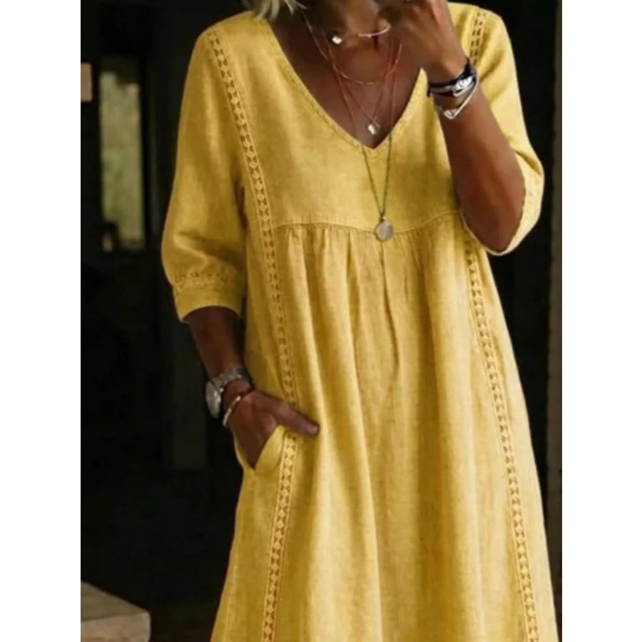 Full Size V-Neck 3/4 Sleeve Midi Dress Plus Size Apparel and Accessories