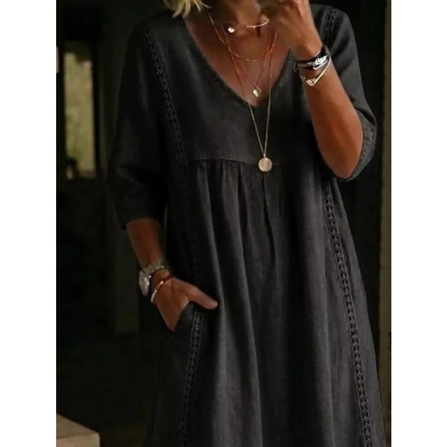 Full Size V-Neck 3/4 Sleeve Midi Dress Plus Size Apparel and Accessories
