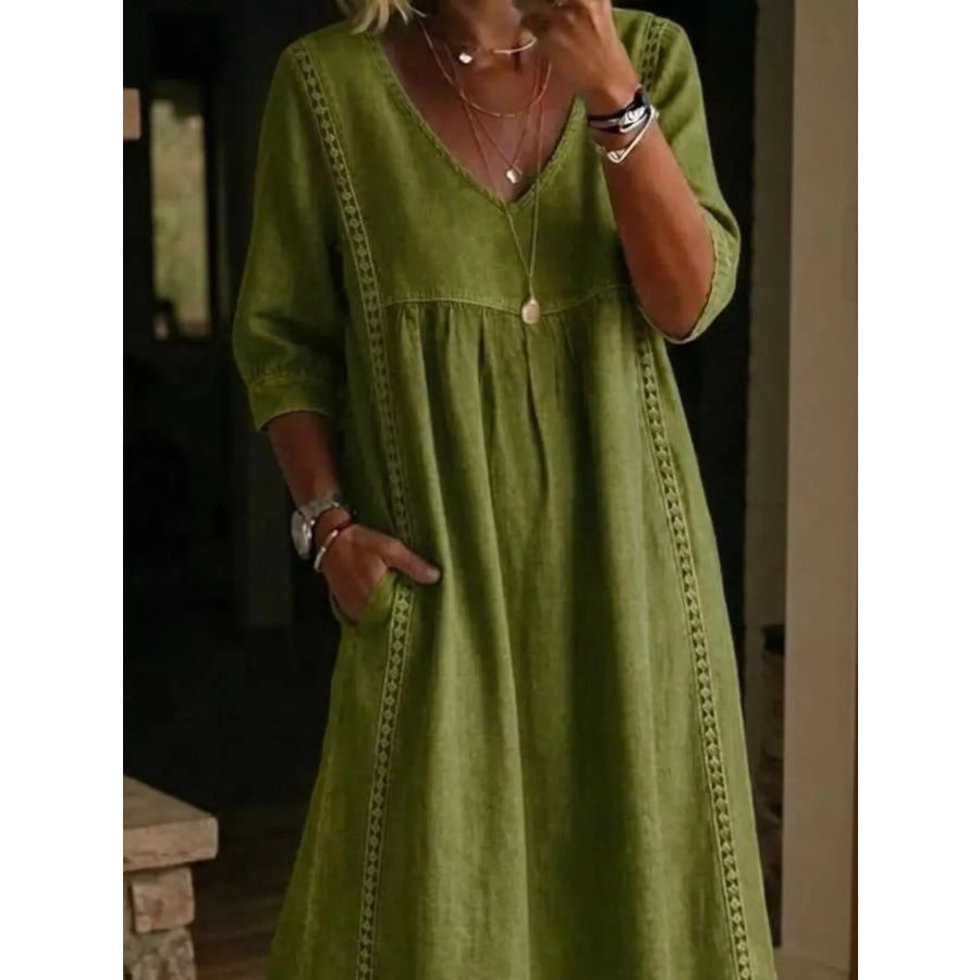Full Size V-Neck 3/4 Sleeve Midi Dress Plus Size Apparel and Accessories