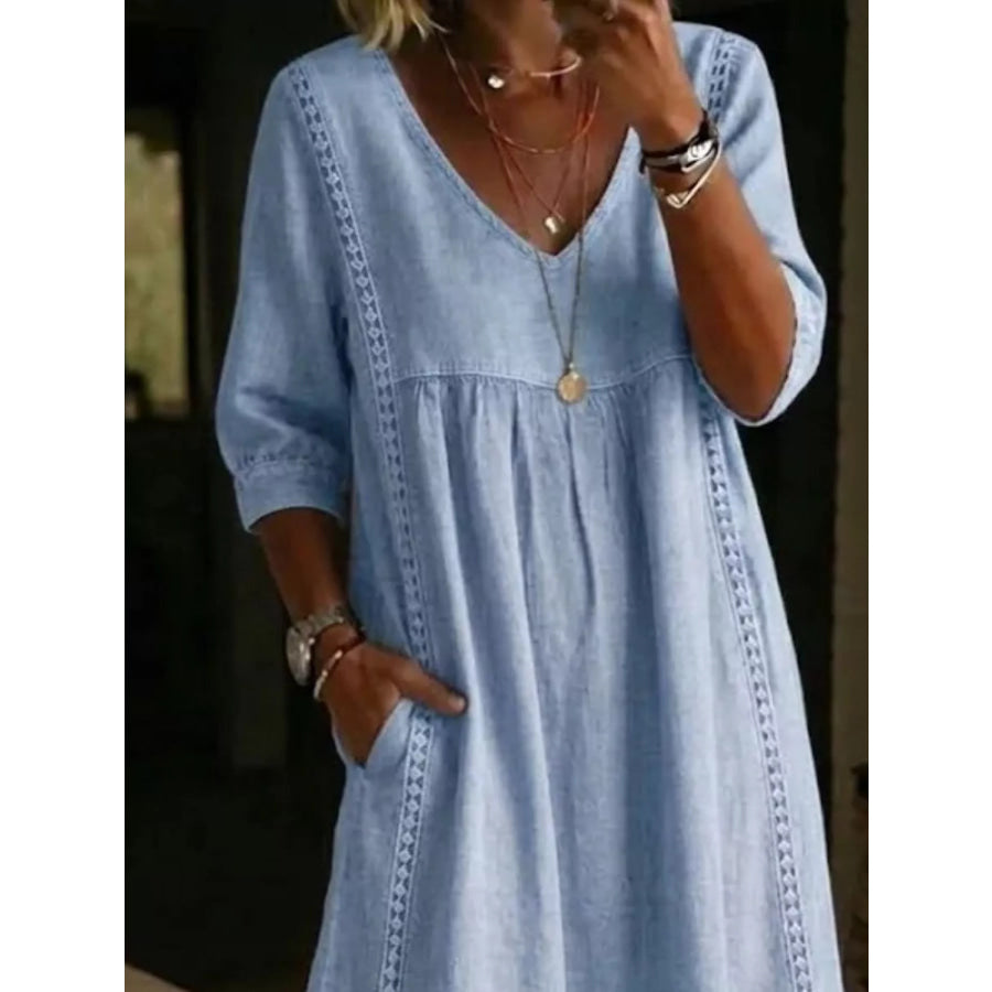 Full Size V-Neck 3/4 Sleeve Midi Dress Plus Size Sky Blue / S Apparel and Accessories