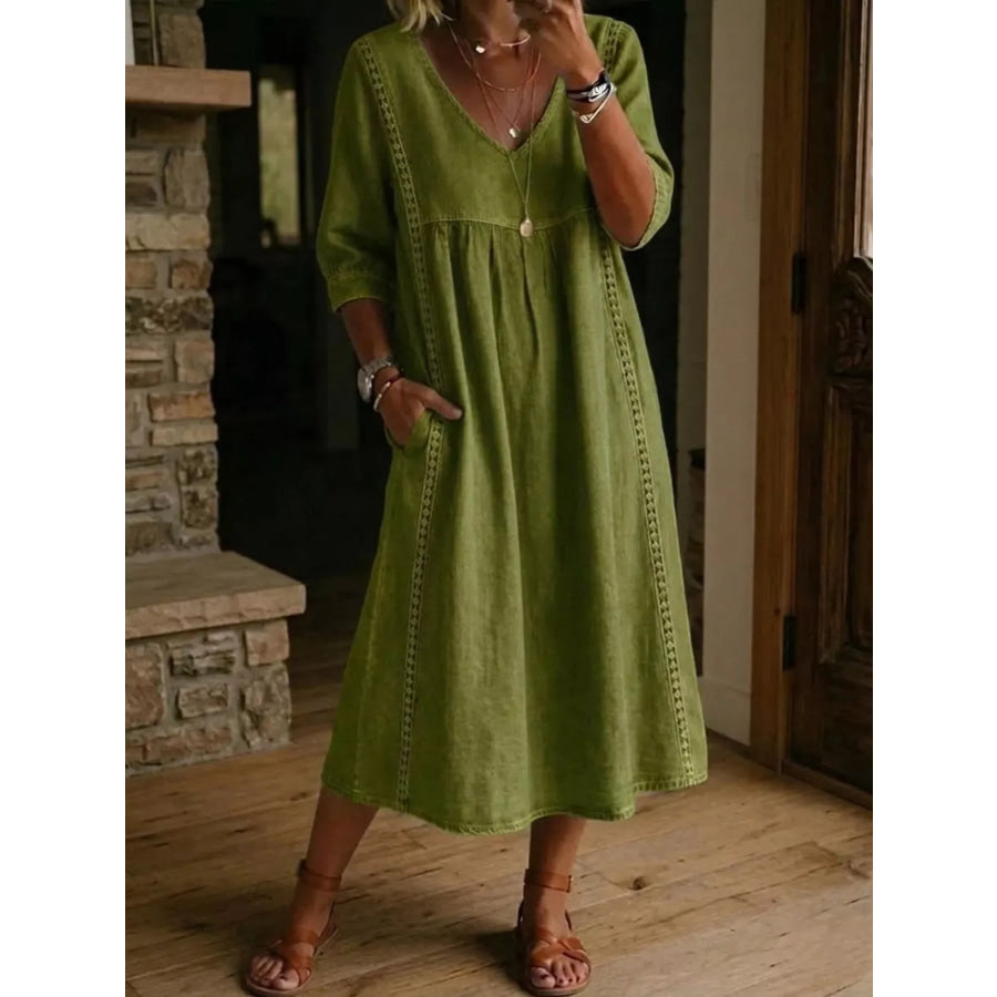 Full Size V-Neck 3/4 Sleeve Midi Dress Plus Size Army Green / S Apparel and Accessories
