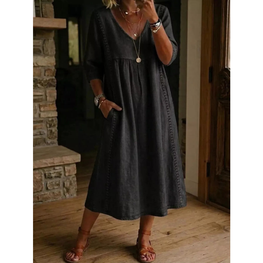 Full Size V-Neck 3/4 Sleeve Midi Dress Plus Size Black / S Apparel and Accessories
