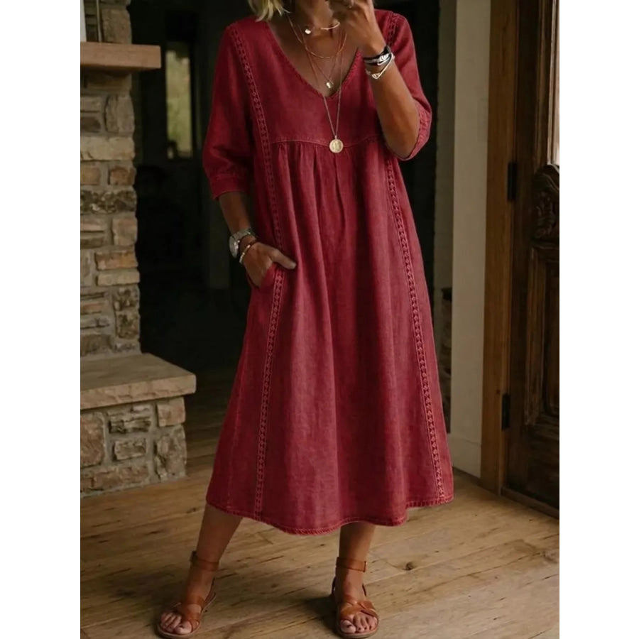 Full Size V-Neck 3/4 Sleeve Midi Dress Plus Size Burgundy / S Apparel and Accessories