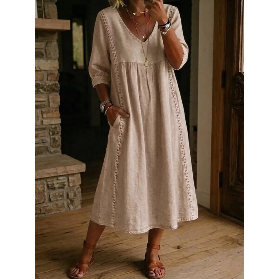 Full Size V-Neck 3/4 Sleeve Midi Dress Plus Size Orange-red / S Apparel and Accessories