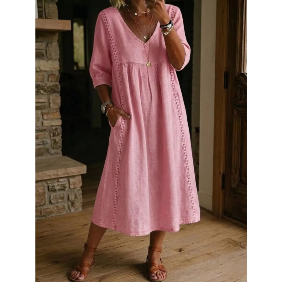 Full Size V-Neck 3/4 Sleeve Midi Dress Plus Size Pink / S Apparel and Accessories