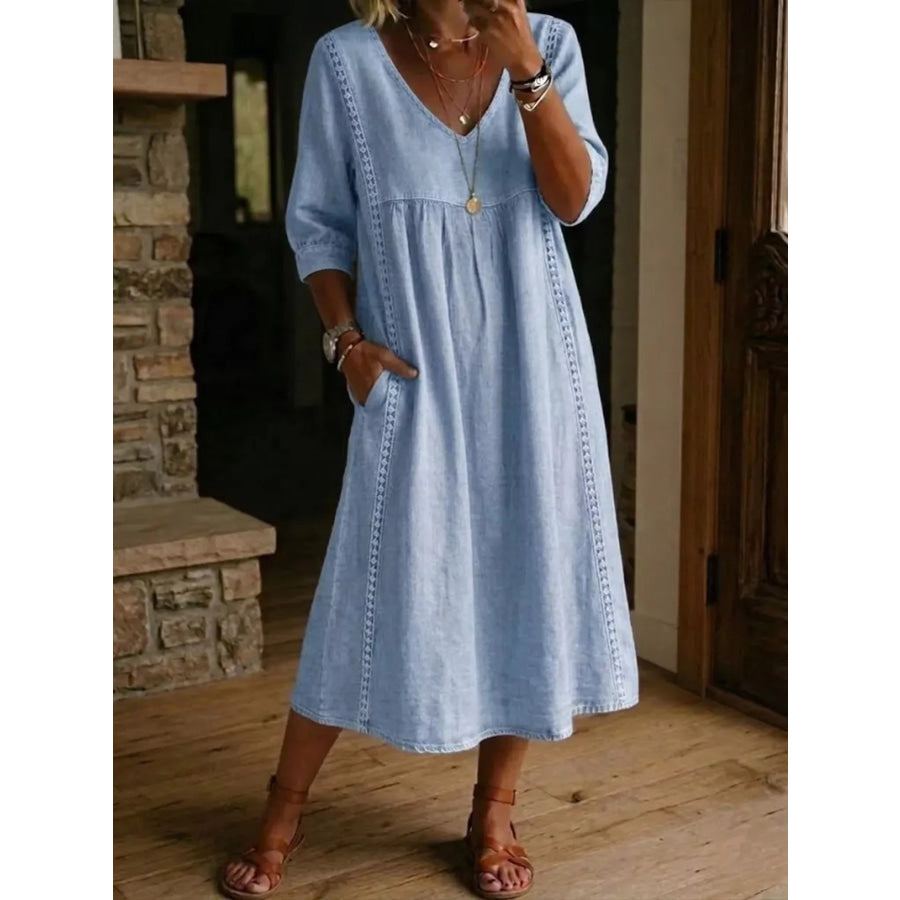Full Size V-Neck 3/4 Sleeve Midi Dress Plus Size Sky Blue / S Apparel and Accessories