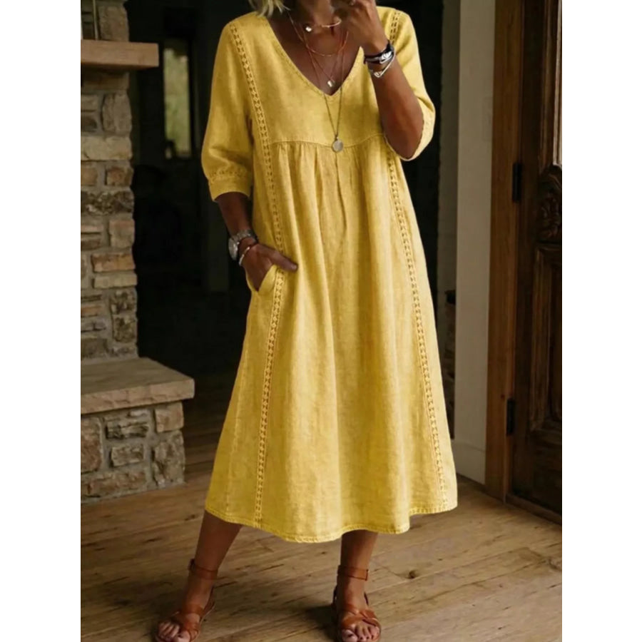 Full Size V-Neck 3/4 Sleeve Midi Dress Plus Size Yellow / S Apparel and Accessories