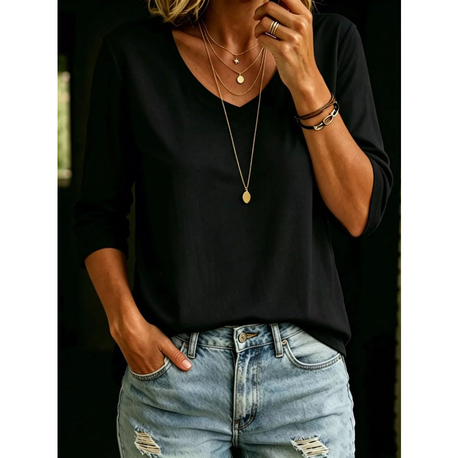 Full Size V-Neck 3/4 Sleeve T-Shirt Plus Size Black / S Apparel and Accessories