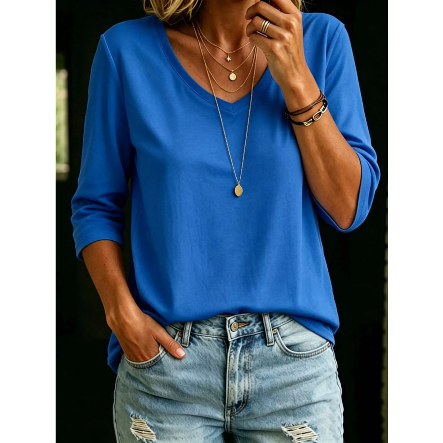 Full Size V-Neck 3/4 Sleeve T-Shirt Plus Size Blue / S Apparel and Accessories