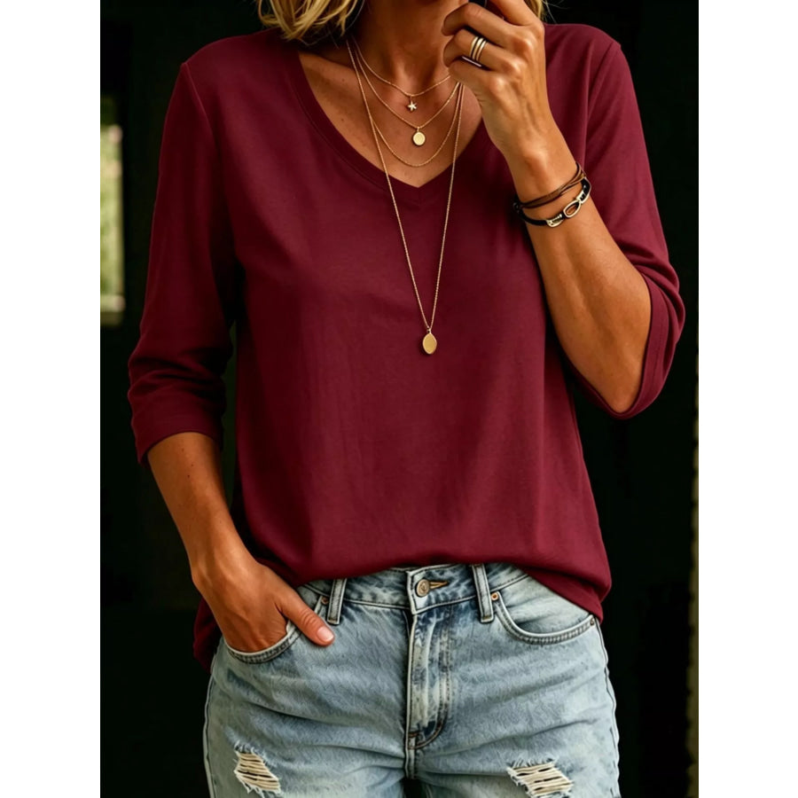 Full Size V-Neck 3/4 Sleeve T-Shirt Plus Size Burgundy / S Apparel and Accessories