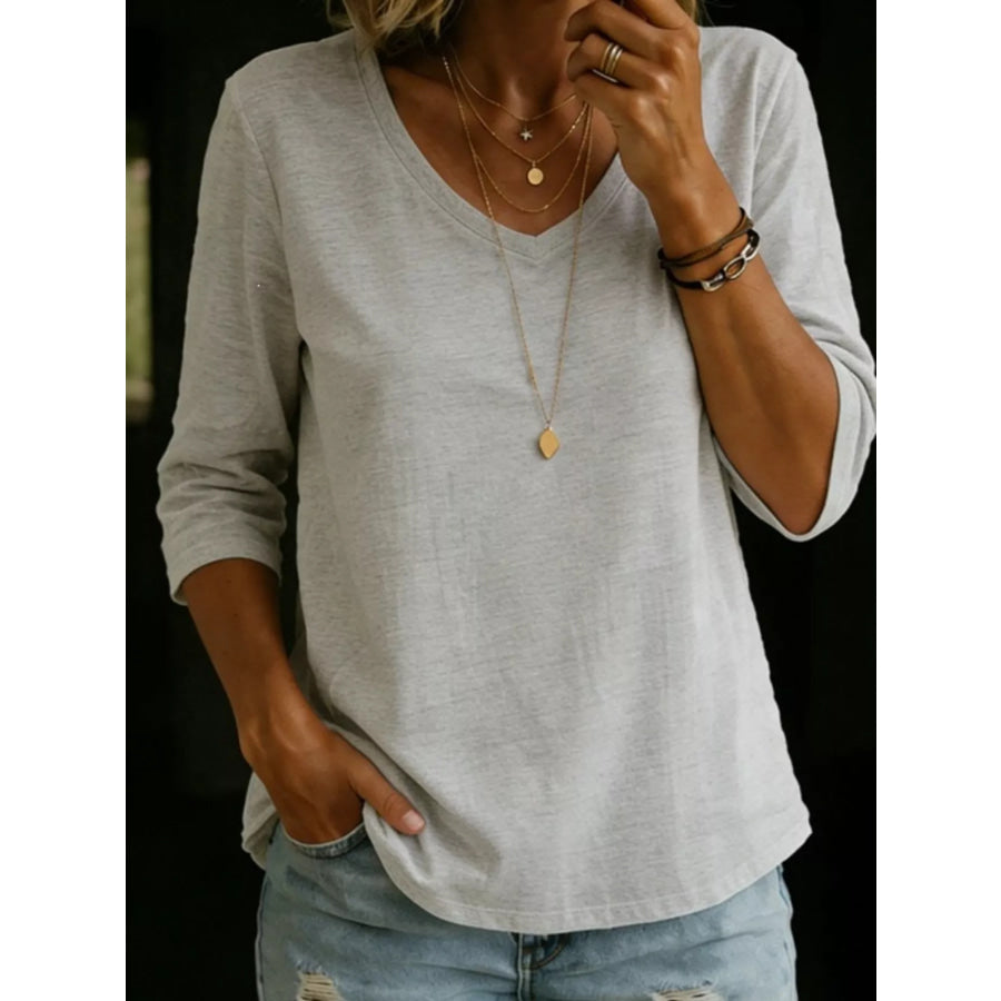 Full Size V-Neck 3/4 Sleeve T-Shirt Plus Size Flower Gray / S Apparel and Accessories