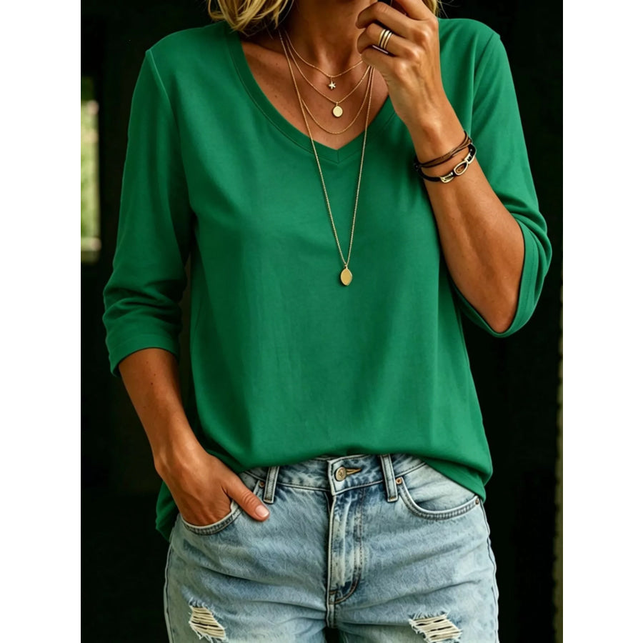 Full Size V-Neck 3/4 Sleeve T-Shirt Plus Size Green / S Apparel and Accessories