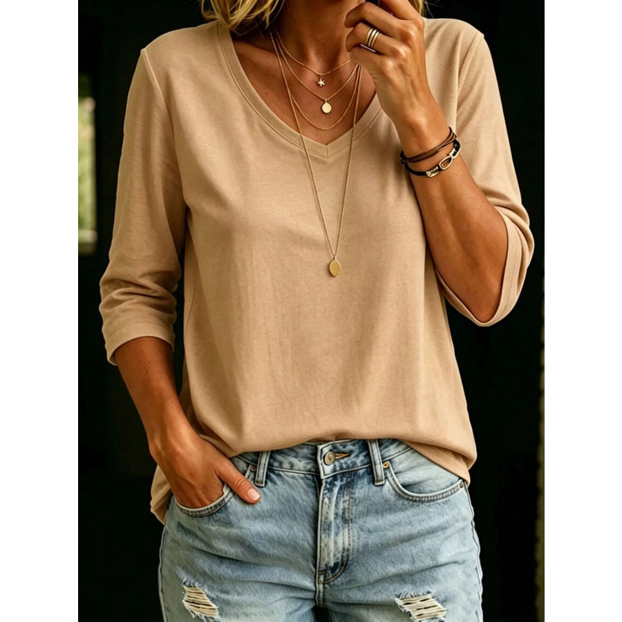 Full Size V-Neck 3/4 Sleeve T-Shirt Plus Size Khaki / S Apparel and Accessories