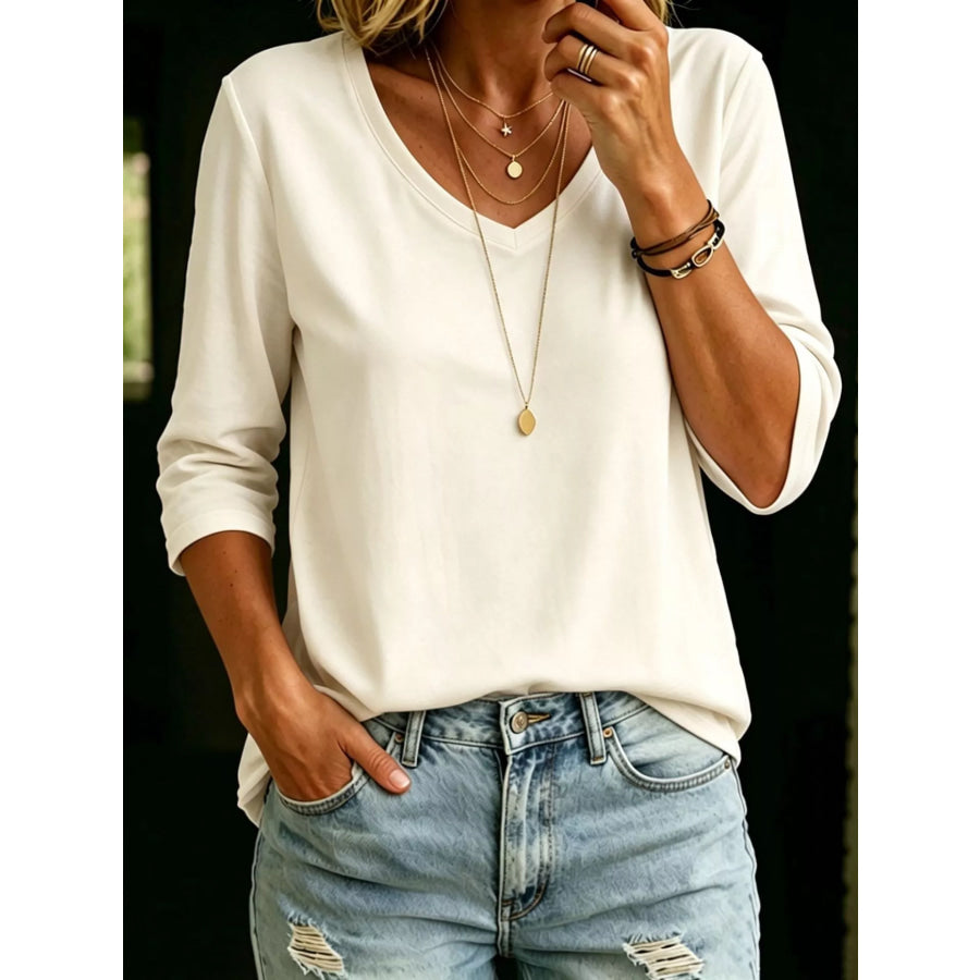 Full Size V-Neck 3/4 Sleeve T-Shirt Plus Size Light Beige Color / S Apparel and Accessories