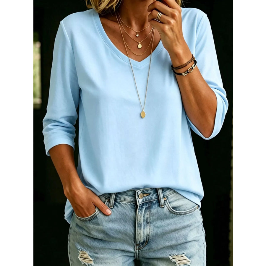 Full Size V-Neck 3/4 Sleeve T-Shirt Plus Size Light Blue / S Apparel and Accessories