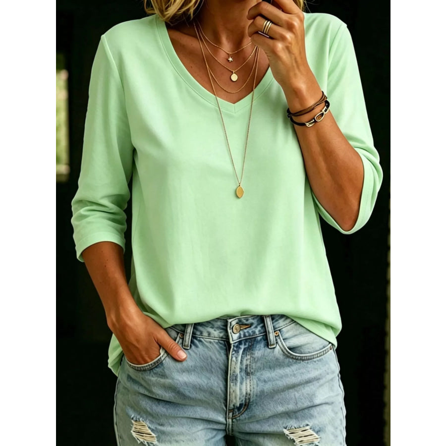 Full Size V-Neck 3/4 Sleeve T-Shirt Plus Size Light Green / S Apparel and Accessories