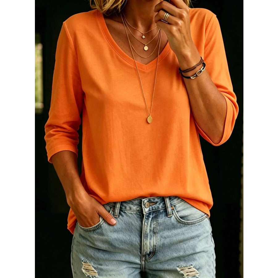 Full Size V-Neck 3/4 Sleeve T-Shirt Plus Size Orange / S Apparel and Accessories