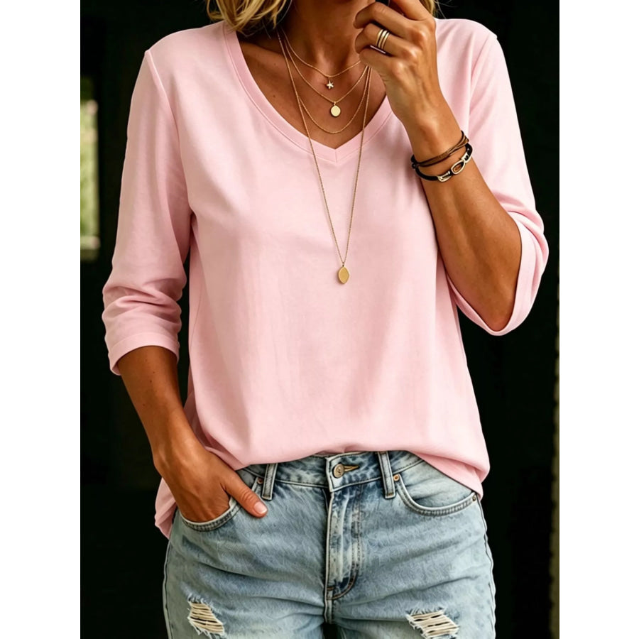 Full Size V-Neck 3/4 Sleeve T-Shirt Plus Size Pink / S Apparel and Accessories