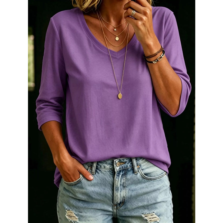Full Size V-Neck 3/4 Sleeve T-Shirt Plus Size Purple / S Apparel and Accessories