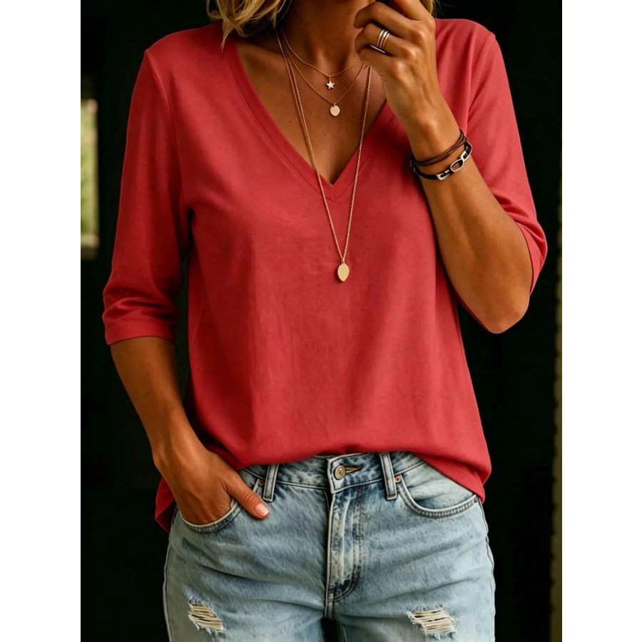 Full Size V-Neck 3/4 Sleeve T-Shirt Plus Size Red / S Apparel and Accessories