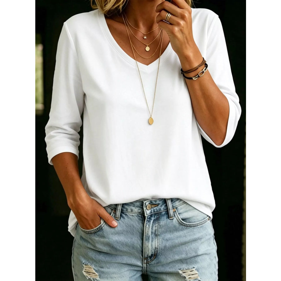 Full Size V-Neck 3/4 Sleeve T-Shirt Plus Size White / S Apparel and Accessories