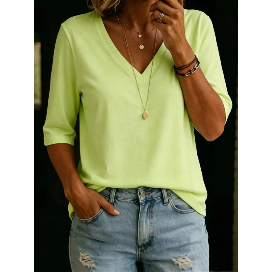 Full Size V-Neck 3/4 Sleeve T-Shirt Plus Size Yellow-green / S Apparel and Accessories