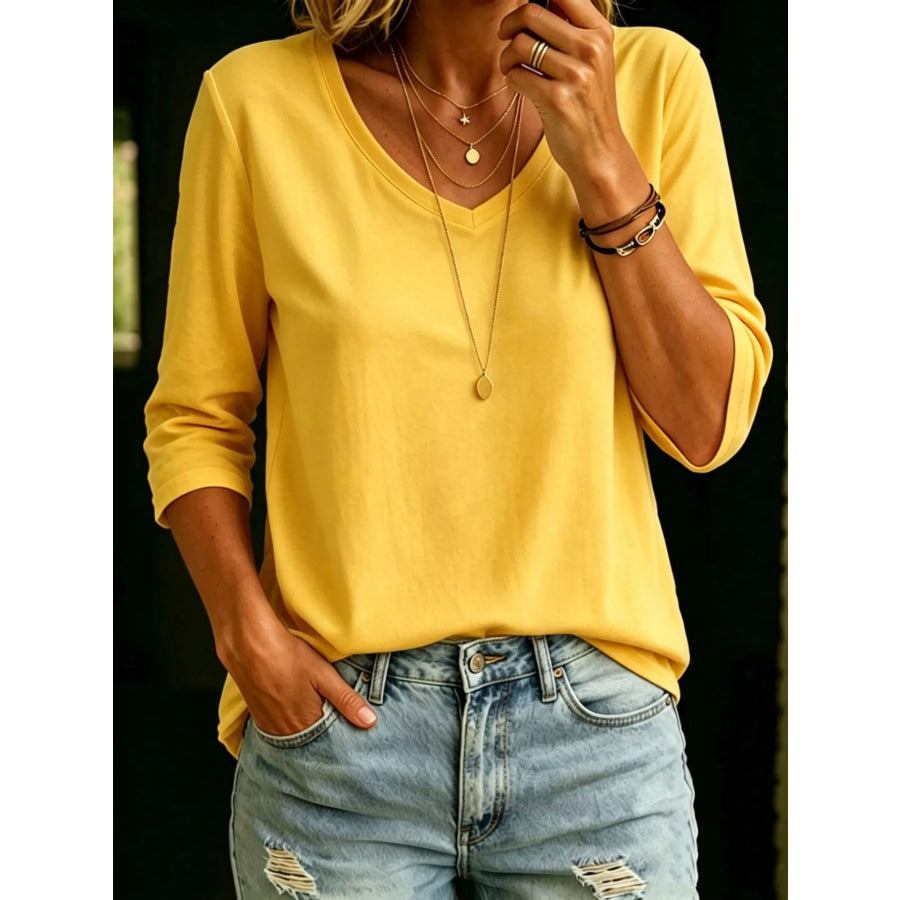 Full Size V-Neck 3/4 Sleeve T-Shirt Plus Size Yellow / S Apparel and Accessories