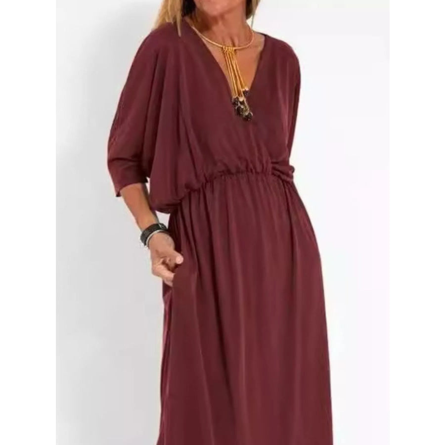 Full Size V-Neck Batwing Sleeve Maxi Dress with Side Slits Plus Size Apparel and Accessories