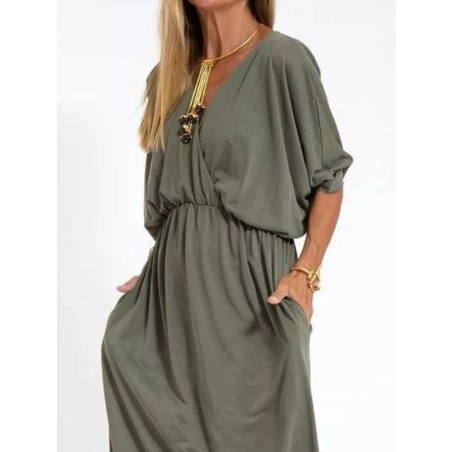 Full Size V-Neck Batwing Sleeve Maxi Dress with Side Slits Plus Size Apparel and Accessories