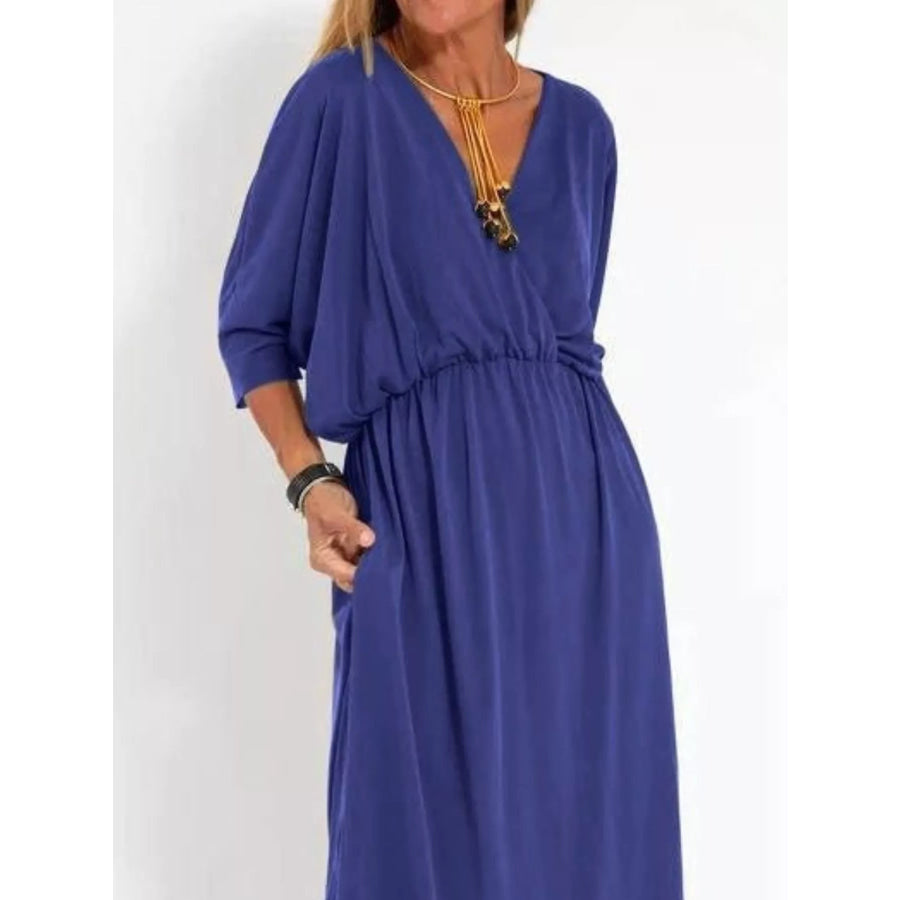 Full Size V-Neck Batwing Sleeve Maxi Dress with Side Slits Plus Size Apparel and Accessories