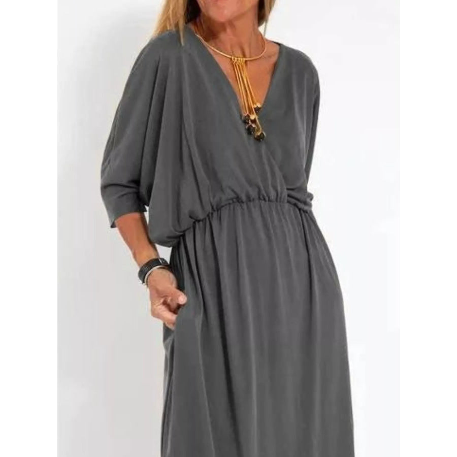 Full Size V-Neck Batwing Sleeve Maxi Dress with Side Slits Plus Size Apparel and Accessories