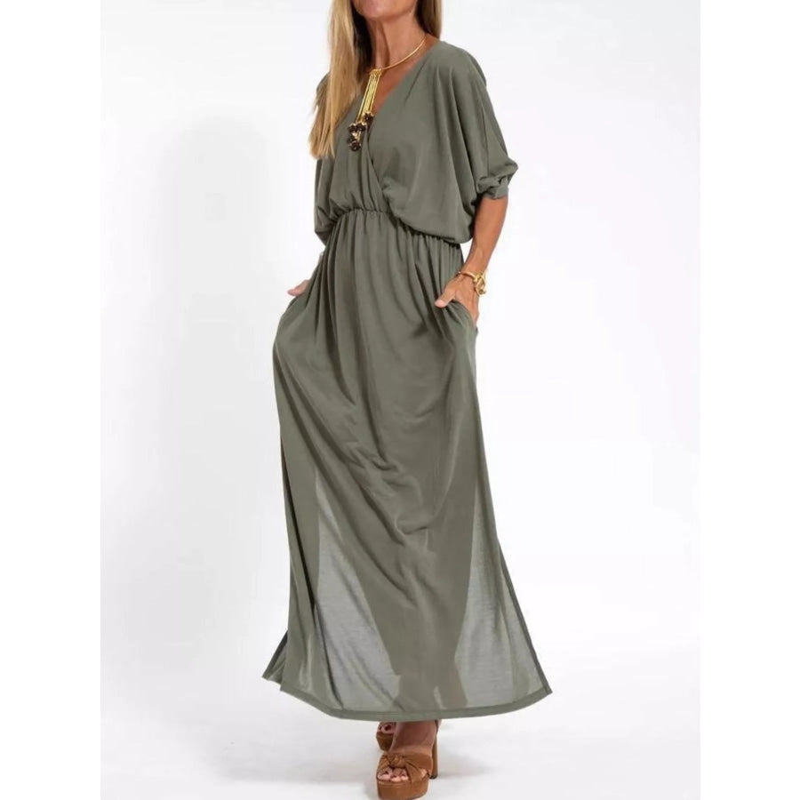 Full Size V-Neck Batwing Sleeve Maxi Dress with Side Slits Plus Size Army Green / S Apparel and Accessories