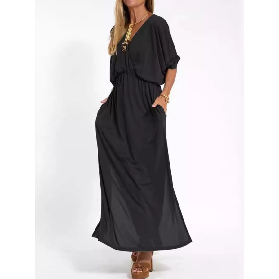 Full Size V-Neck Batwing Sleeve Maxi Dress with Side Slits Plus Size Black / S Apparel and Accessories