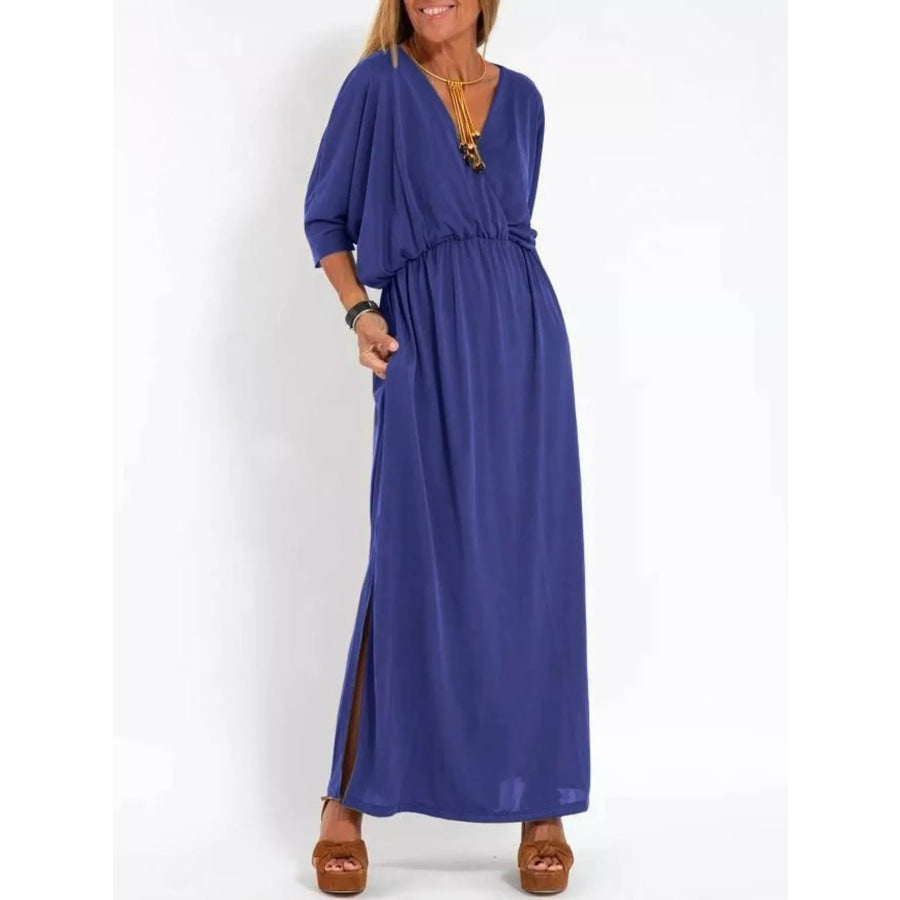 Full Size V-Neck Batwing Sleeve Maxi Dress with Side Slits Plus Size Dark Blue / S Apparel and Accessories
