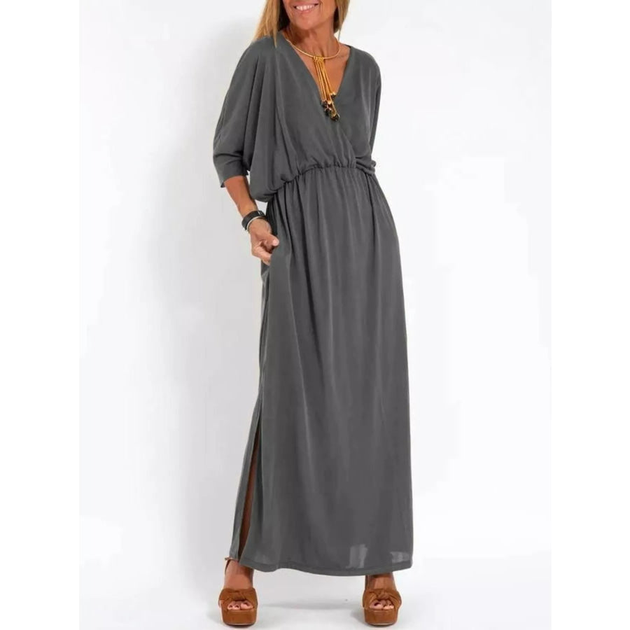 Full Size V-Neck Batwing Sleeve Maxi Dress with Side Slits Plus Size Gray / S Apparel and Accessories