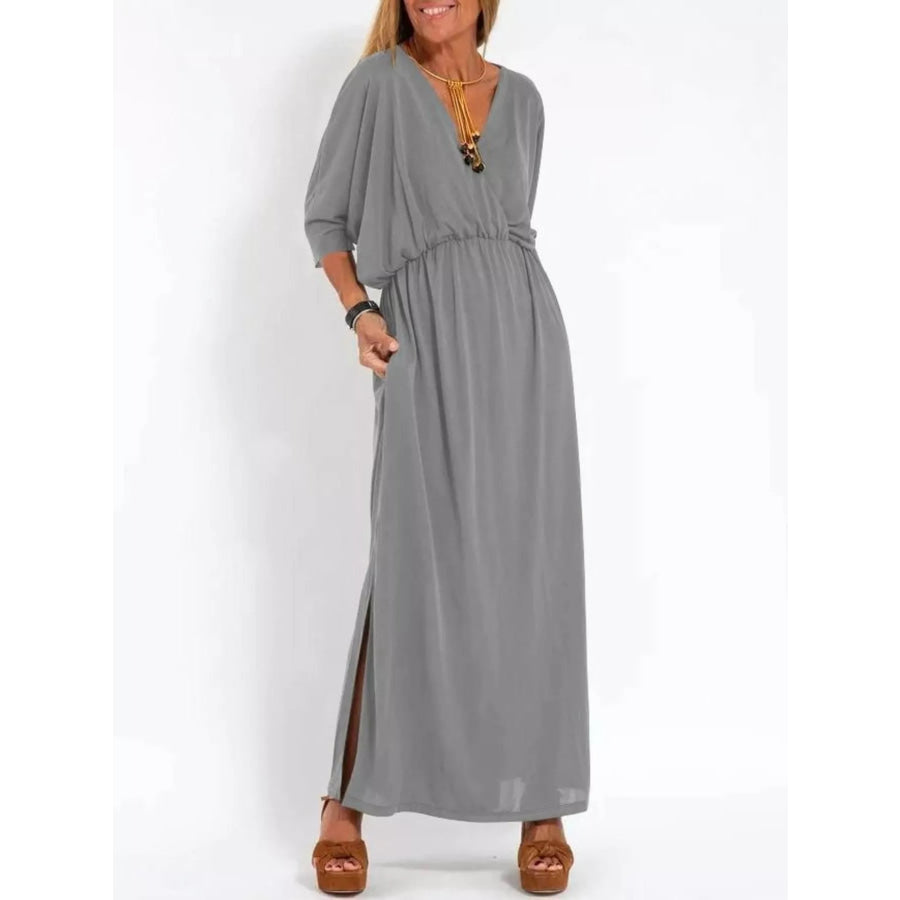Full Size V-Neck Batwing Sleeve Maxi Dress with Side Slits Plus Size Light Gray / S Apparel and Accessories