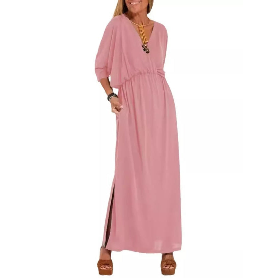 Full Size V-Neck Batwing Sleeve Maxi Dress with Side Slits Plus Size Pink / S Apparel and Accessories