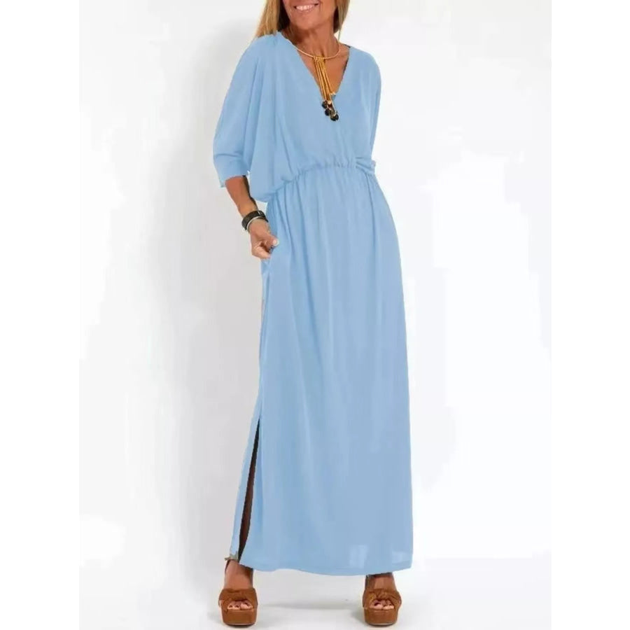 Full Size V-Neck Batwing Sleeve Maxi Dress with Side Slits Plus Size Sky Blue / S Apparel and Accessories