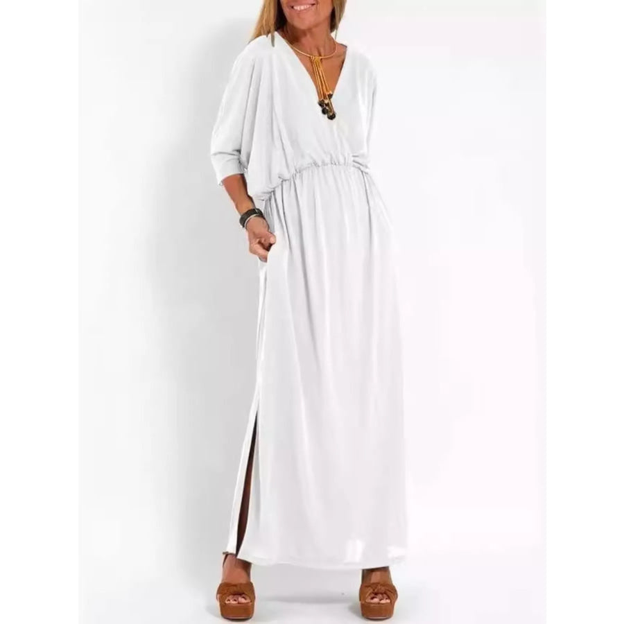 Full Size V-Neck Batwing Sleeve Maxi Dress with Side Slits Plus Size White / S Apparel and Accessories