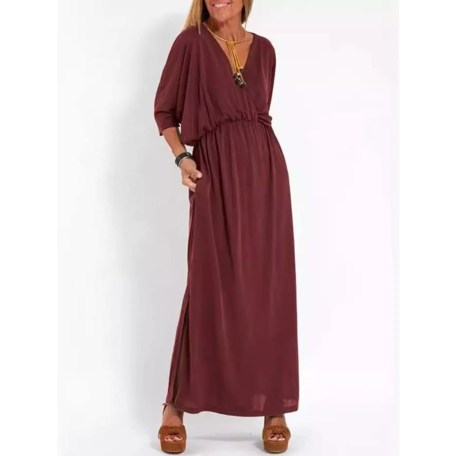 Full Size V-Neck Batwing Sleeve Maxi Dress with Side Slits Plus Size Wine Red / S Apparel and Accessories