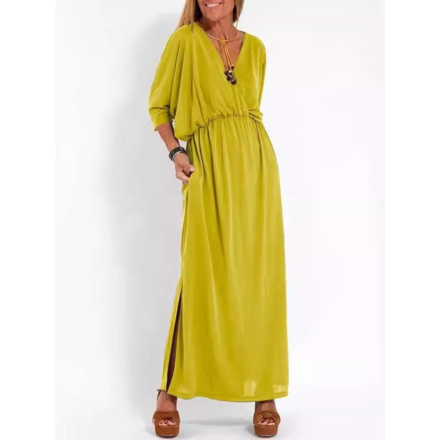 Full Size V-Neck Batwing Sleeve Maxi Dress with Side Slits Plus Size Yellow / S Apparel and Accessories