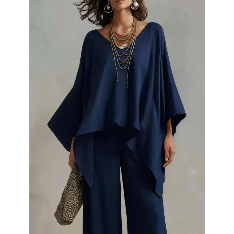 Full Size V-Neck Batwing Sleeve Top and Wide-Leg Pants Two-Piece Set Plus Size Apparel and Accessories
