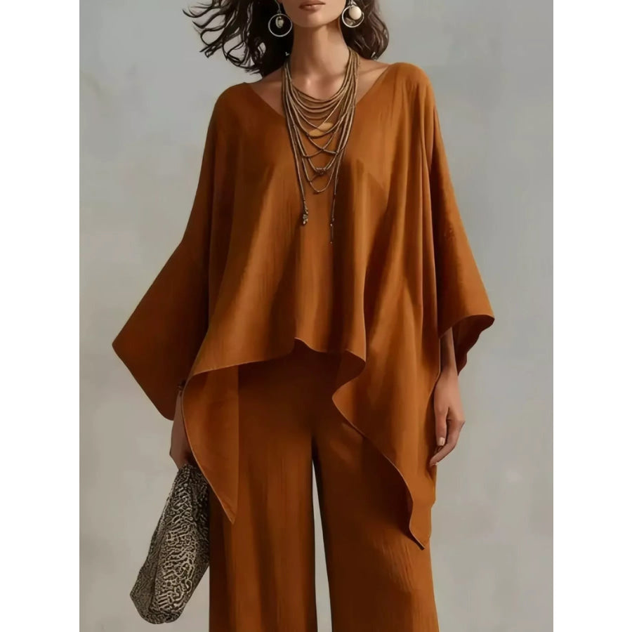 Full Size V-Neck Batwing Sleeve Top and Wide-Leg Pants Two-Piece Set Plus Size Apparel and Accessories