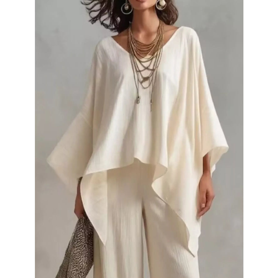 Full Size V-Neck Batwing Sleeve Top and Wide-Leg Pants Two-Piece Set Plus Size Apparel and Accessories